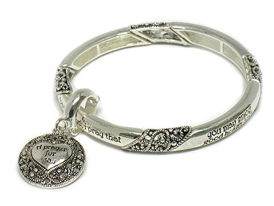 Bible phrase inscribed marcasite look metal filigree charm stretch bracelet