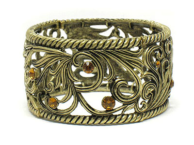 Crystal and metal filigree wide stretch bracelet