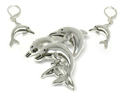 Metal casting dolphin pendant and earring set