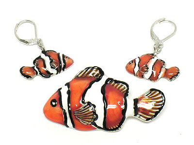 Enameled tropical fish pendant and earring set