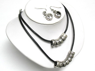 Metal tube and double strand cord necklace and earring set