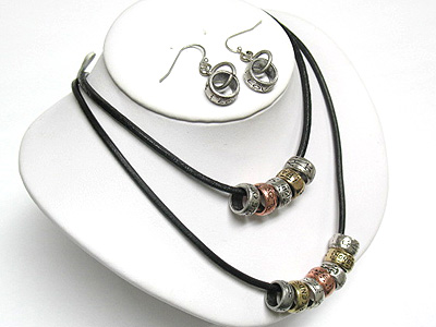 Metal tube and double strand cord necklace and earring set