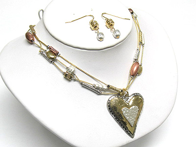 Tri tone metal heart necklace and earring set