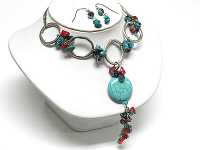 Turquoise and genuine stone drop necklace and earring set