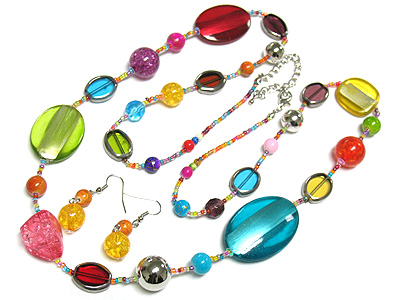 Spring tone multi color glass beads long necklace and earring set