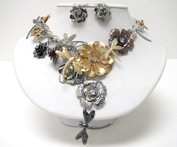 Chunky spring vintage mixed metal flower and butterfly cluster drop neklace earring set