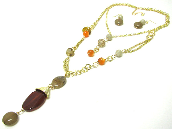 Double chain layer natural stone long  necklace set