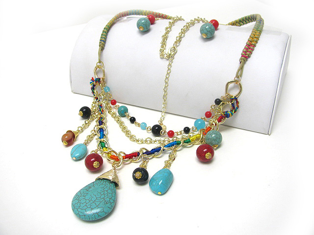 Double layer natural stone long necklace set