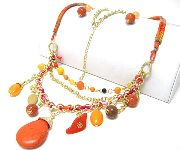 Double layer natural stone long necklace set