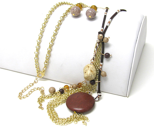 Fabric and metal chain natural stone drop long necklace set