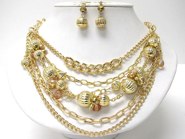 Metal chain and metal multi  ball long necklace earring set