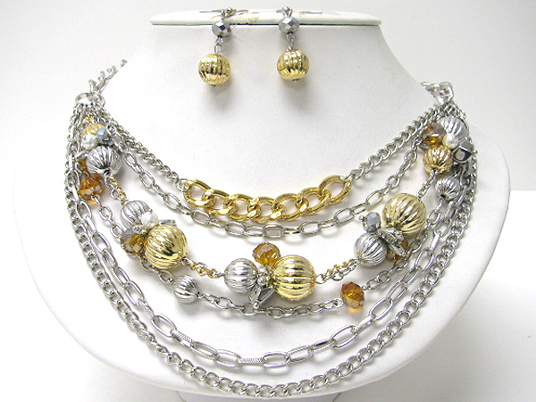 Metal chain and metal multi  ball long necklace earring set