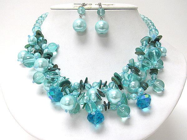 Multi pearl and glassbeads three row strand necklace earring set