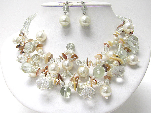 Multi pearl and glassbeads three row strand necklace earring set