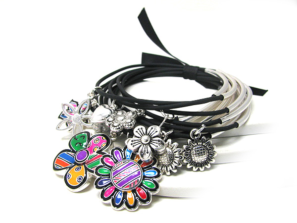 Multi layer flowers charm tied ribbon  on cord bracelet