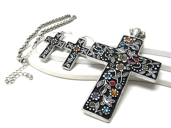 Metal chain drop crystal cross flower and bird print on necklace earring set