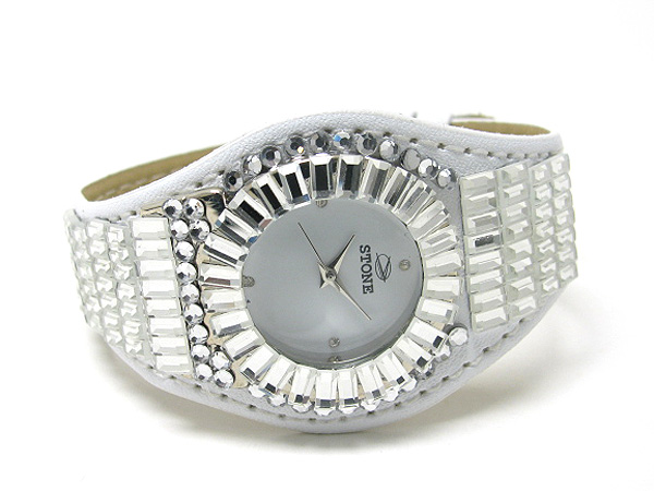 Multi bagette swarovski crystal on round face band watch