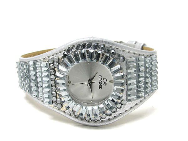 Multi bagette swarovski crystal on round face band watch