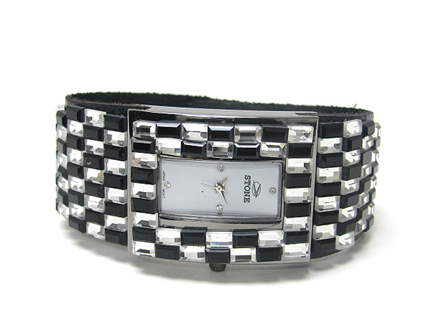 Multi bagette crystal on square face band watch