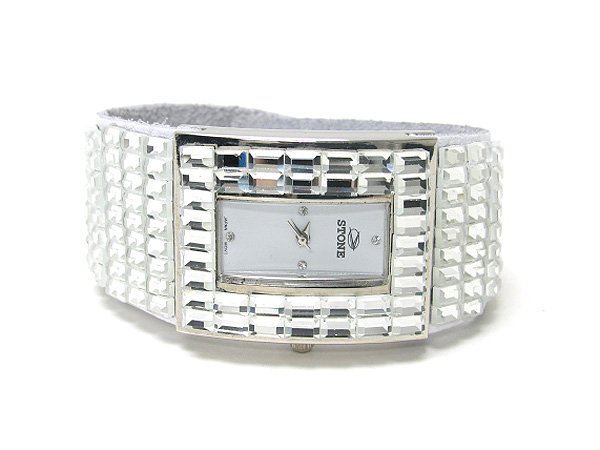 Multi bagette crystal on square face band watch