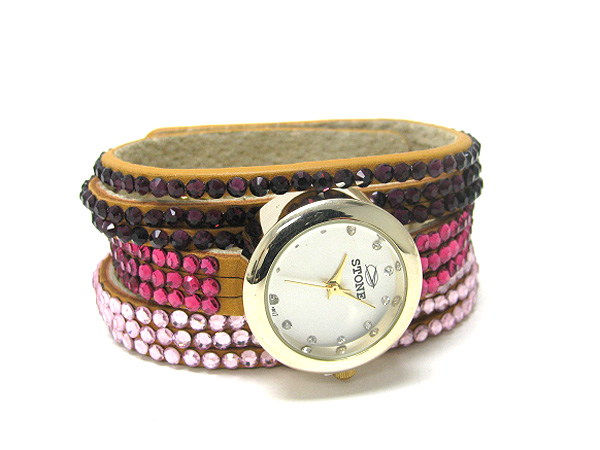 Metal face and crystal on genuine leatherette  band watch