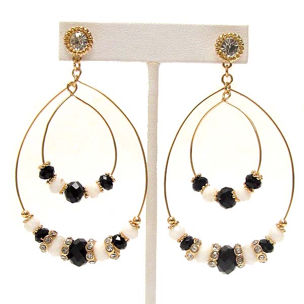 Multi crystal glass beads and crystal rondell drop two metal hoop earrings - hoops