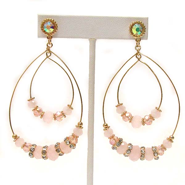 Multi crystal glass beads and crystal rondell drop two metal hoop earrings - hoops