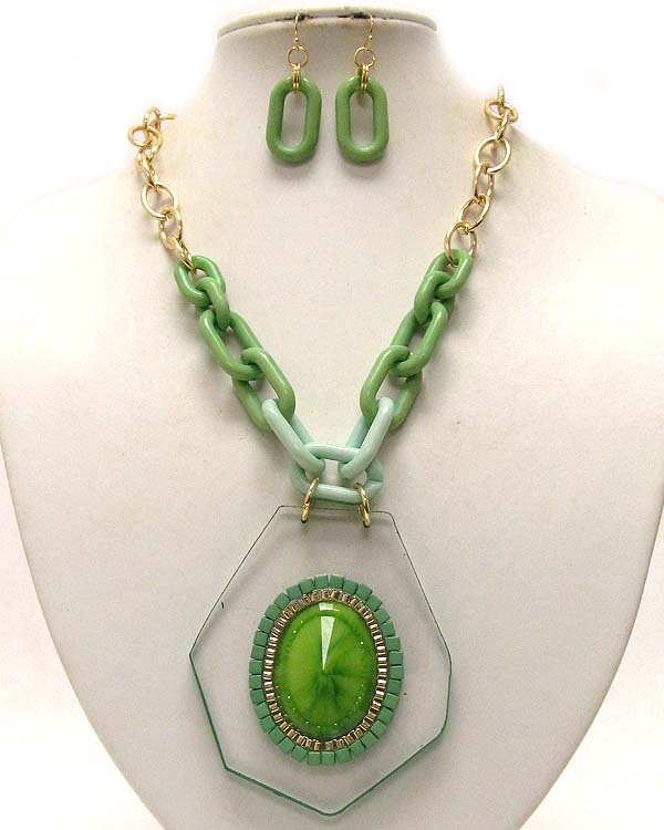 Architectural acrly colorful oval stones with acryl and metal chain necklace earring set