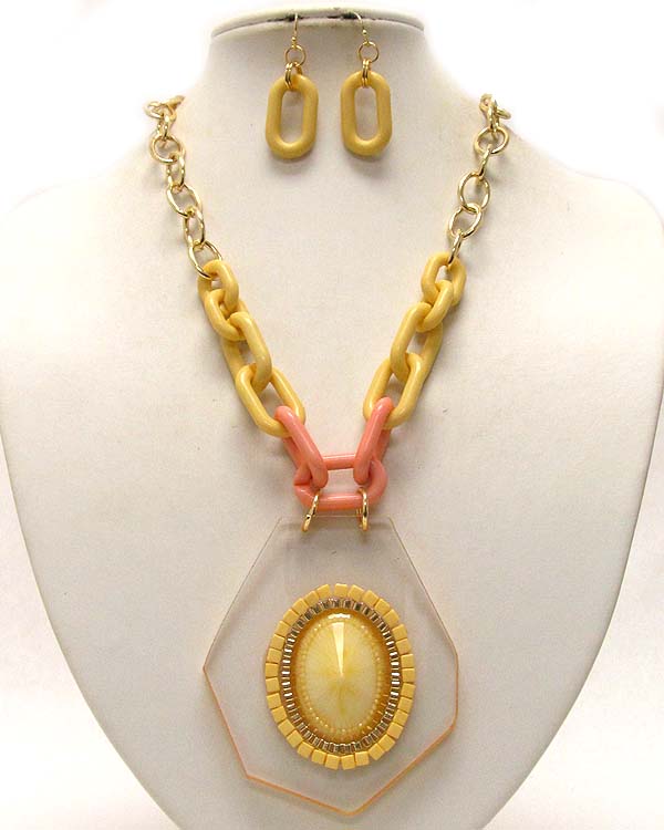 Architectural acrly colorful oval stones with acryl and metal chain necklace earring set