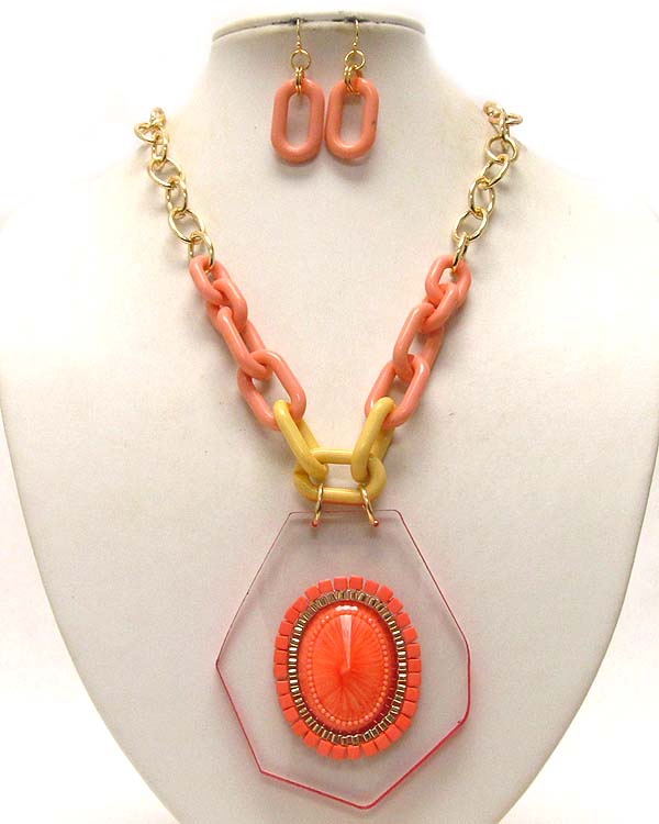 Architectural acrly colorful oval stones with acryl and metal chain necklace earring set