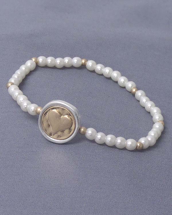 Heart stamp disk and stretch pearl bracelet