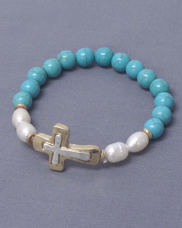 Two tone cross and pearl and turquoise bead stretch bracelet