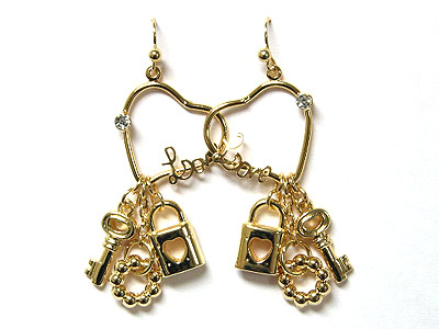 Crystal heart with dangling lock and key earring