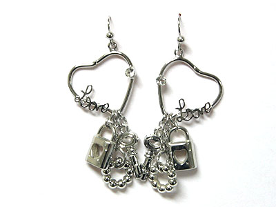 Crystal heart with dangling lock and key earring