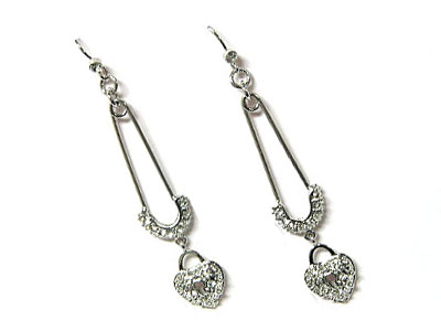 Crystal pin with heart lock earring