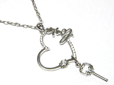 Made in korea whitegold plating love theme  crystal heart and key dangle necklace