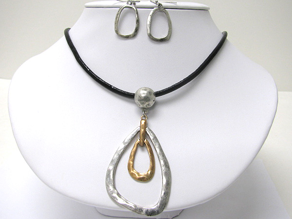 Burnish textured metal tear drop pendant and cord necklace and earring set