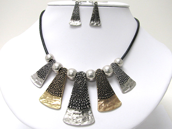 Tribal look tri-tone hammered metal drop cord necklace and earring set