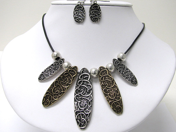 Tribal look metal oval shape bar drop cord necklace and earring set