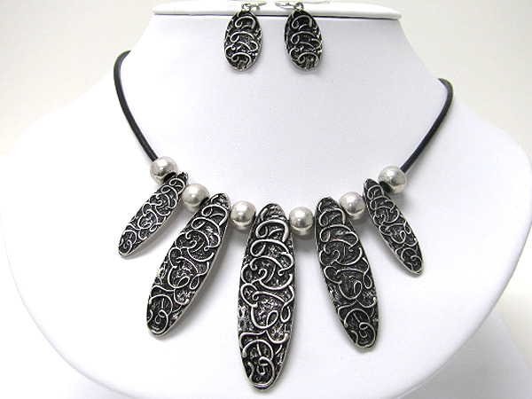 Tribal look metal oval shape bar drop cord necklace and earring set