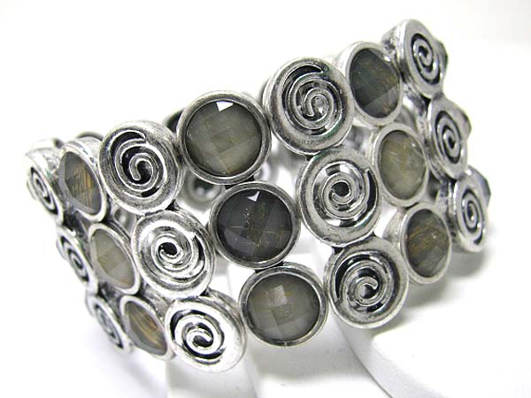 Three line casting round metal and patina style finish stretch bracelet