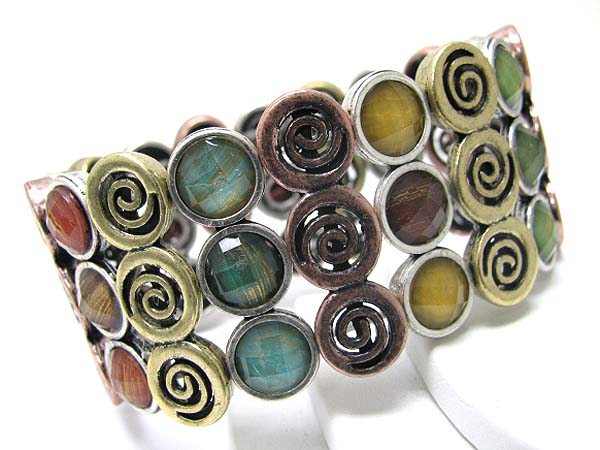 Three line casting round metal and patina style finish stretch bracelet