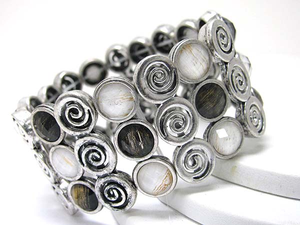 Three line casting round metal and patina style finish stretch bracelet