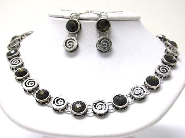 Casting round metal and patina style finish link necklace earring set