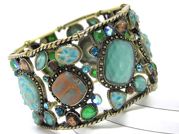 Crystal and glass art deco patina finish stretch bracelet