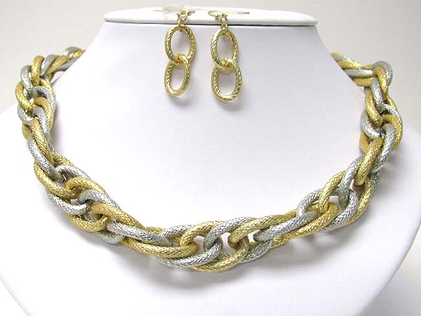 Two tone double metal chain necklace earring set