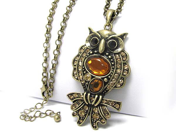 Crystal and glass deco owl necklace