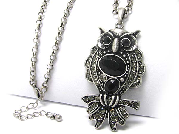 Crystal and glass deco owl necklace