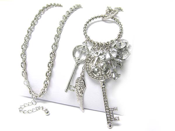 Crystal deco key wing and ball charm long necklace