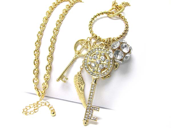 Crystal deco key wing and ball charm long necklace